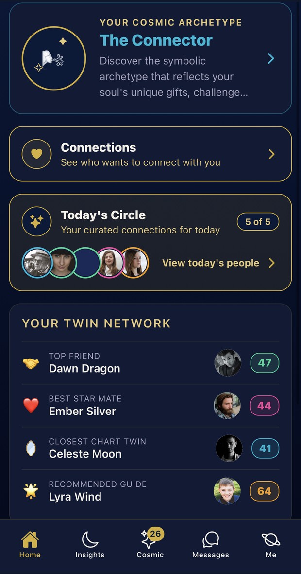 CosmicTwin home screen showing your cosmic archetype and today's connections