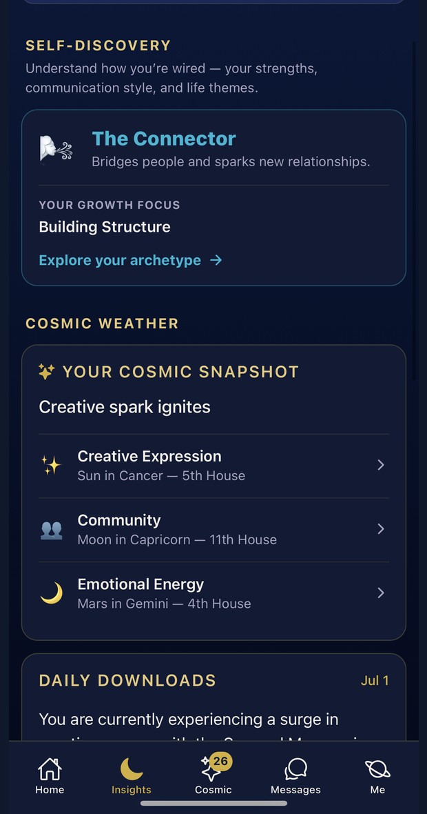 Self-discovery insights and cosmic snapshot screen
